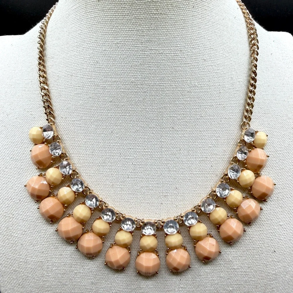 Gold Tone Peach Cream Faceted Bead Rhinestone Bib Necklace Statement Boho Gift